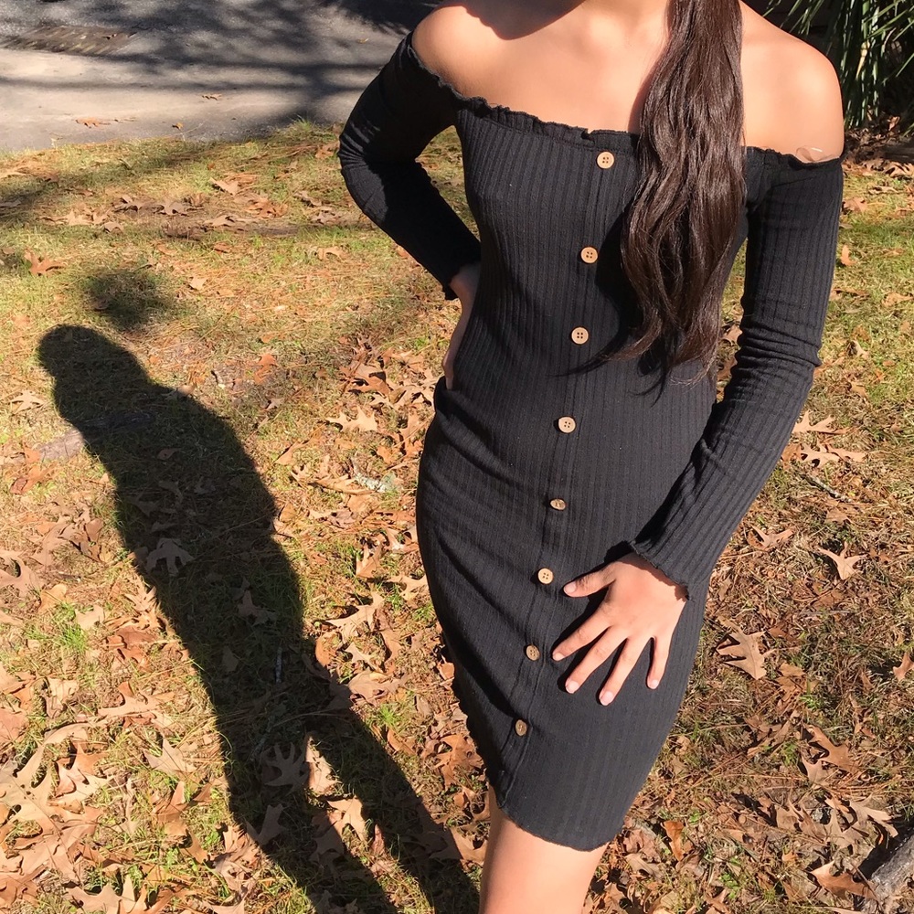 Black button down off the shoulder dress